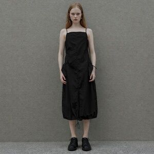 OAK + FORT Black Crushed Nylon Spaghetti Strap Midi Dress – Size Small Like New